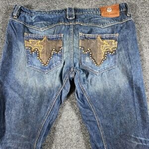 Antik Denim Jeans Men Size 42x32 Leather Patches Embroidered Pockets Western